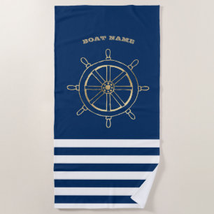 Nautical, Gold Boat Wheel, Navy Blue Stripes Strandlaken