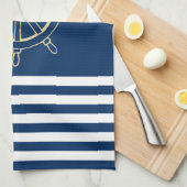 Nautical, Gold Boat Wheel, Navy Blue Stripes Theedoek (Quarter Fold)