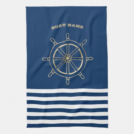 Nautical, Gold Boat Wheel, Navy Blue Stripes Theedoek (Verticaal)