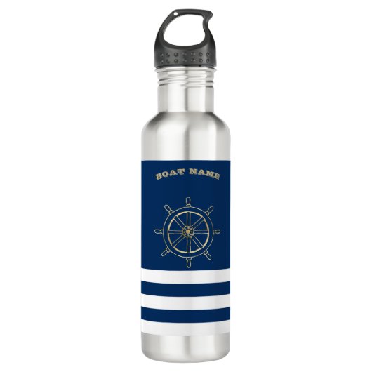 Nautical, Gold Boat Wheel, Navy Blue Stripes Waterfles (Voorkant)