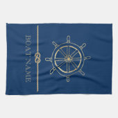 Nautical Gold Boat Wheel, Navy Blue Theedoek (Horizontaal)