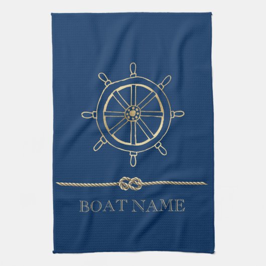 Nautical Gold Boat Wheel, Navy Blue Theedoek (Verticaal)