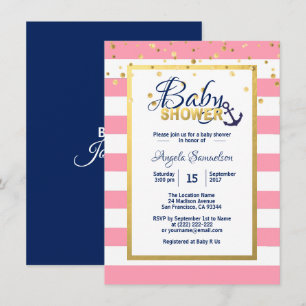 Nautical Gold Navy Blue White Roze Baby shower Kaart