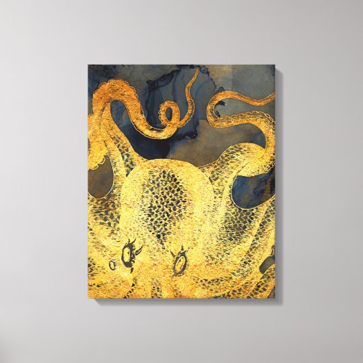 Nautical Gold Octopus Black Ink Waterverf Canvas Afdruk (Voorkant)