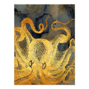 Nautical Gold Octopus Black Ink Waterverf Foto Afdruk
