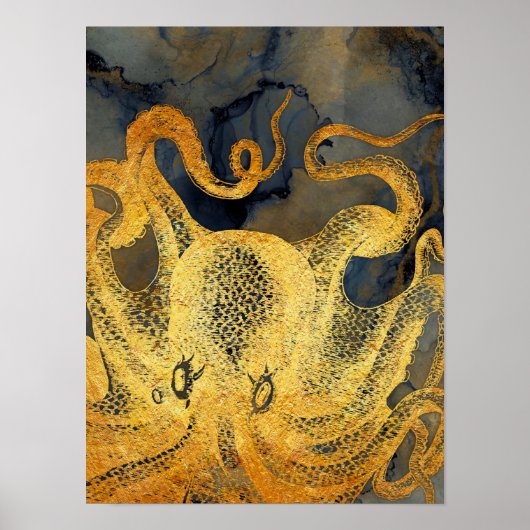 Nautical Gold Octopus Black Ink Waterverf Poster (Voorkant)