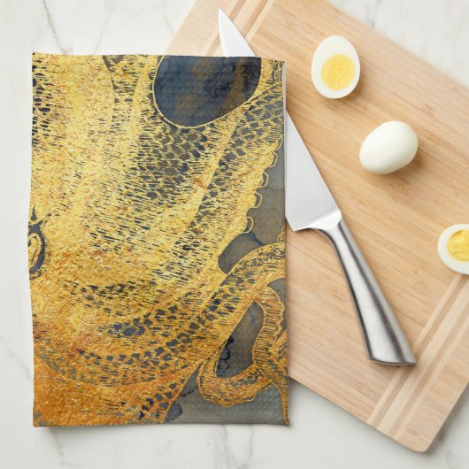Nautical Gold Octopus Black Ink Waterverf Theedoek (Quarter Fold)