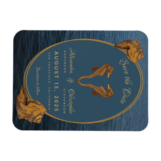 Nautical Gold Seahorse Beach Bruiloft Save the Dat Magneet (Horizontaal)