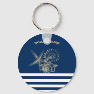 Nautical, Gold Seashells Navy Blue Stripes Sleutelhanger