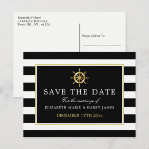Nautical Gold Wheel, Black & Gold Save the Date Aankondigingskaart