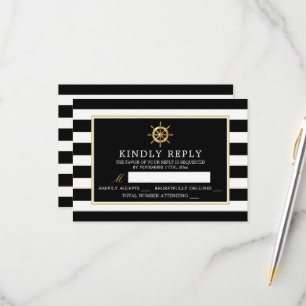  Nautical Gold Wheel, Black & Gold Weddenschap RSVP Kaartje