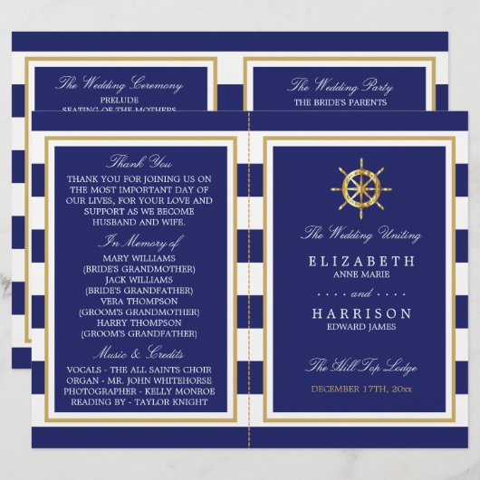 Nautical Gold Wheel, Navy/Gold Wedding Program (Voorkant / Achterkant)