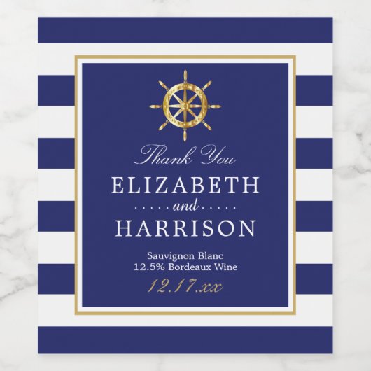  Nautical Gold Wheel, Navy & Gold Wedding Wijn Etiket (Enkel label)