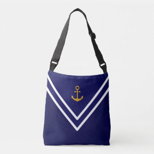 Nautical Golden Anchor op Navy Blue & White Crossbody Tas