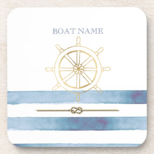Nautical Gouden Stuurwiel, Blauwe Aquarel Strepen Bier Onderzetter