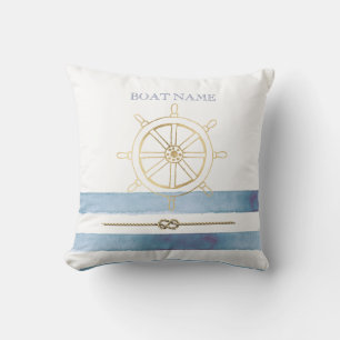 Nautical Gouden Stuurwiel, Blauwe Aquarel Strepen Kussen