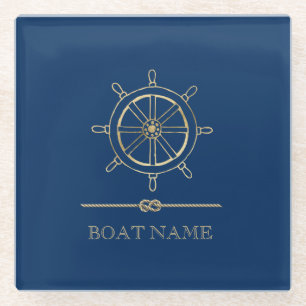 Nautical Gouden Stuurwiel,Marineblauw Glazen Onderzetter