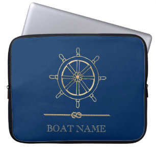 Nautical Gouden Stuurwiel,Marineblauw Laptop Sleeve
