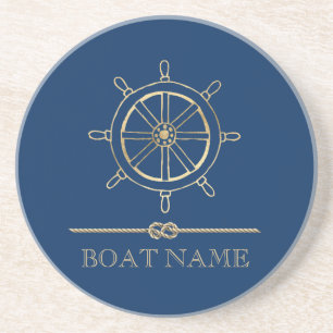Nautical Gouden Stuurwiel,Marineblauw Zandsteen Onderzetter