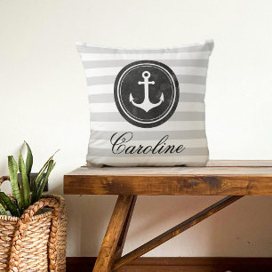 Nautical Grey, Black, White Stripes Anchor Kussen