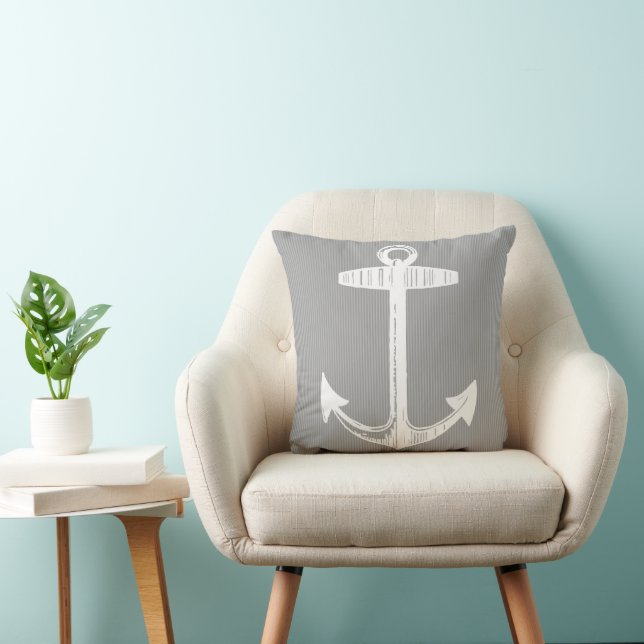 Nautical Grey Striped Anchor Kussen (Stoel)