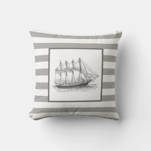Nautical Grey Stripes &  Schooner Ship Kussen