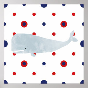 Nautical Grey Waterverf Whale Red Blue Banner Poster