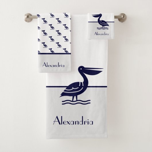 Nautical Grey White en Navy Blue Pelican Bad Handdoek (Insitu)