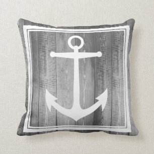 Nautical Grey Wood White Anchor Familienaam Kussen