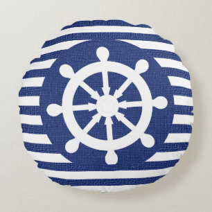 Nautical Helm on Burlap Dark Blue Stripes Rond Kussen