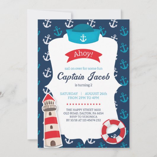 Nautical Invitation for Birthday Party Ahoy! Blue Kaart (Voorkant)