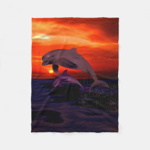 Nautical Jumping Dolphins Oranje Ocean Sunset Fleece Deken