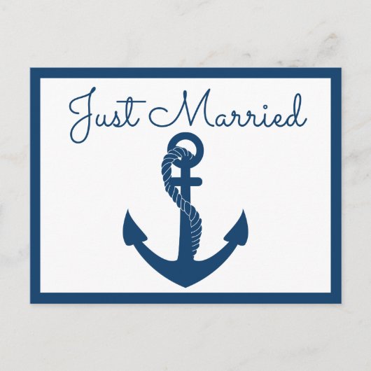 Nautical Just Married Navy Blue Anchor Wedding Aankondigingskaart (Voorkant)