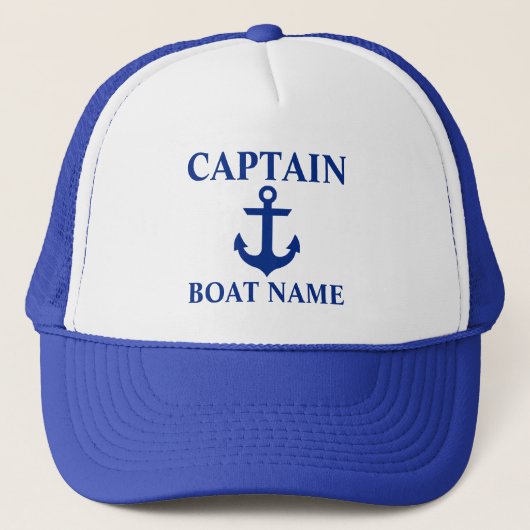 Nautical Kapitein Boat Name Anchor Blue Trucker Pet (Voorkant)