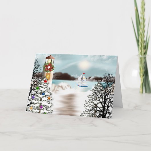 Nautical kerstkaart met vuurtoren feestdagen kaart (Voorkant)