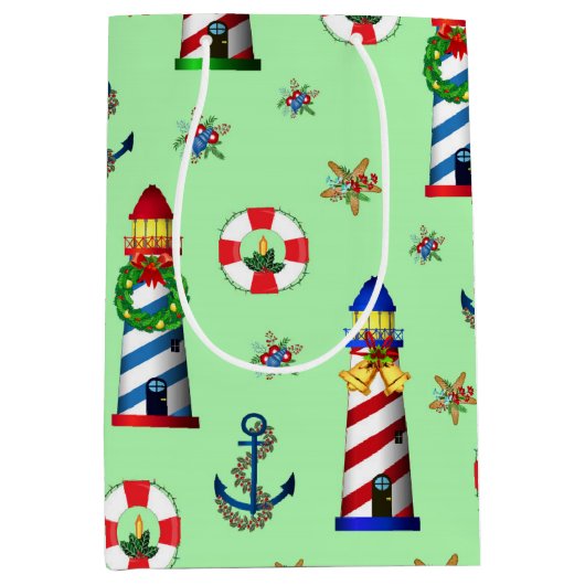 Nautical kerstvuurtoren op groene achtergrond medium cadeauzakje (Voorkant)
