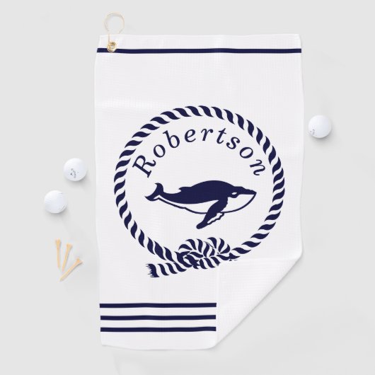 Nautical kustname Whale Navy Blue Golfhanddoek (Insitu)