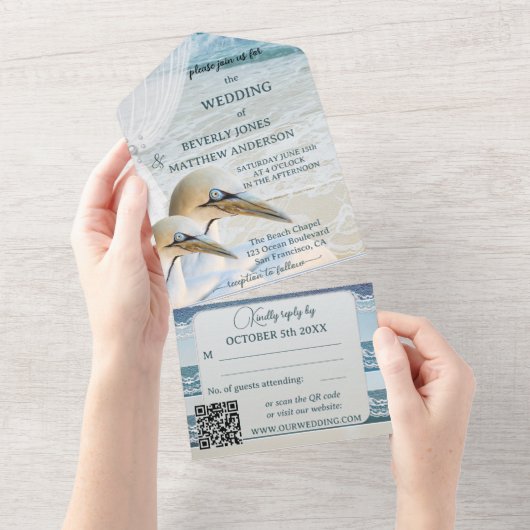 Nautical Lace Gannets Beach Weddenschap All In One Uitnodiging (Afscheurbaar)