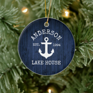 Nautical Lake House Anchor Blue Wood Familienaam Keramisch Ornament