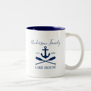 Nautical Lake House Anchor Oars Family Navy Blue Tweekleurige Koffiemok