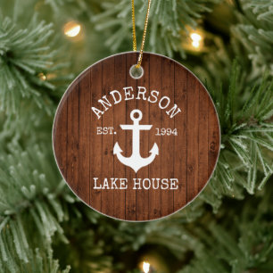 Nautical Lake House Anchor Wood Familienaam Keramisch Ornament