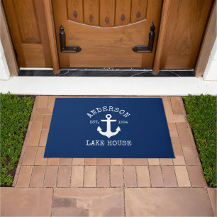 Nautical Lake House Familienaam Anchor Navy Blue Deurmat