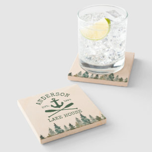 Nautical Lake House Familienaam Anchor Oars Pines Stenen Onderzetter