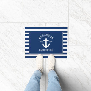 Nautical Lake House Navy Blue Striped Anchor Deurmat