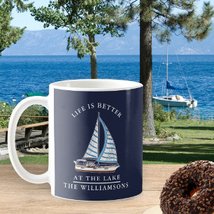 Nautical Lake Life Navy Blauw en witte boot Koffiemok