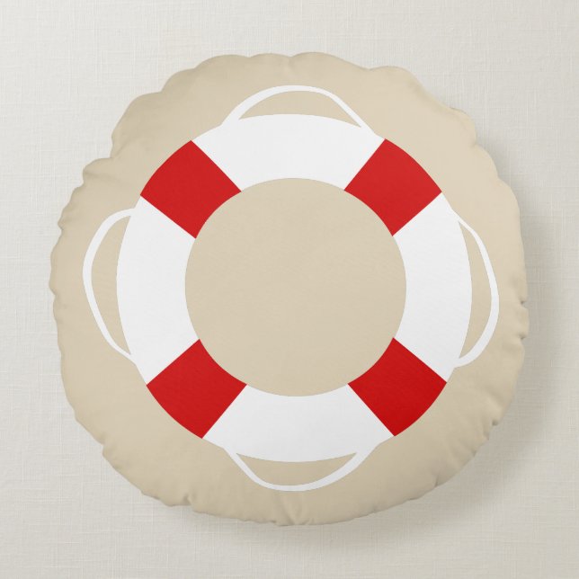 Nautical Life Preserver & Sandy Taupe Rond Kussen (Voorkant)