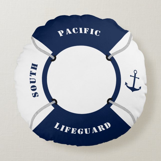 Nautical Lifering Pillow, Blue, Maritime Rond Kussen (Voorkant)