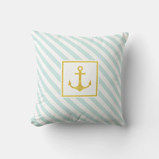 Nautical Light Blue Stripes Golden Glitter Anchor Kussen (Voorkant)