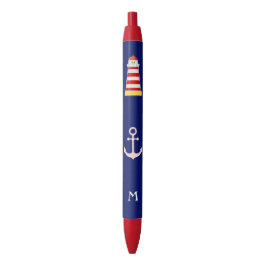 Nautical Lighthouse & Anchor op blauwe achtergrond Zwarte Inkt Pen