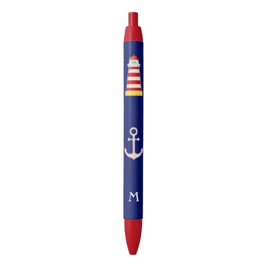 Nautical Lighthouse & Anchor op blauwe achtergrond Zwarte Inkt Pen (Voorkant Verticaal)